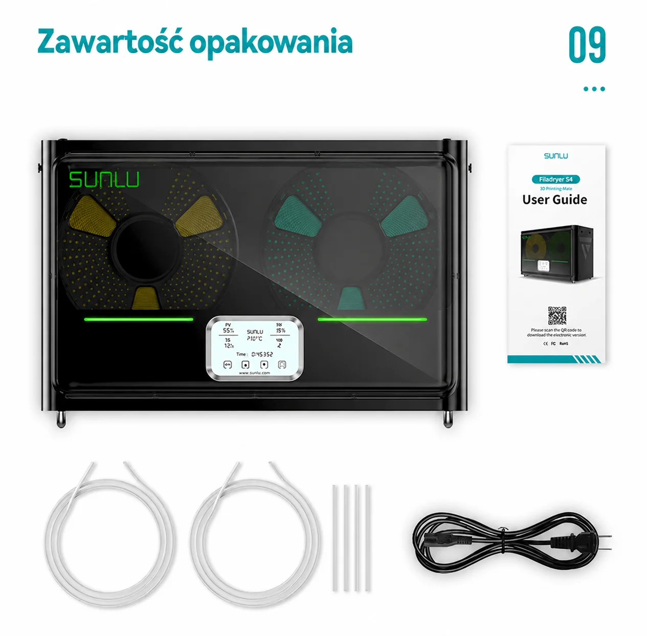 Zawartość zestawu suszarki do filamentów SUNLU S4